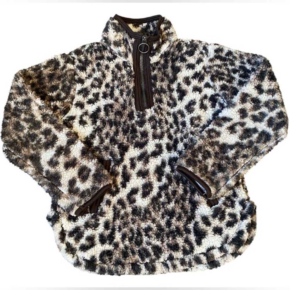 Cuddly Sherpa Leopard Print Fleece Pullover jacket Size 5 -6